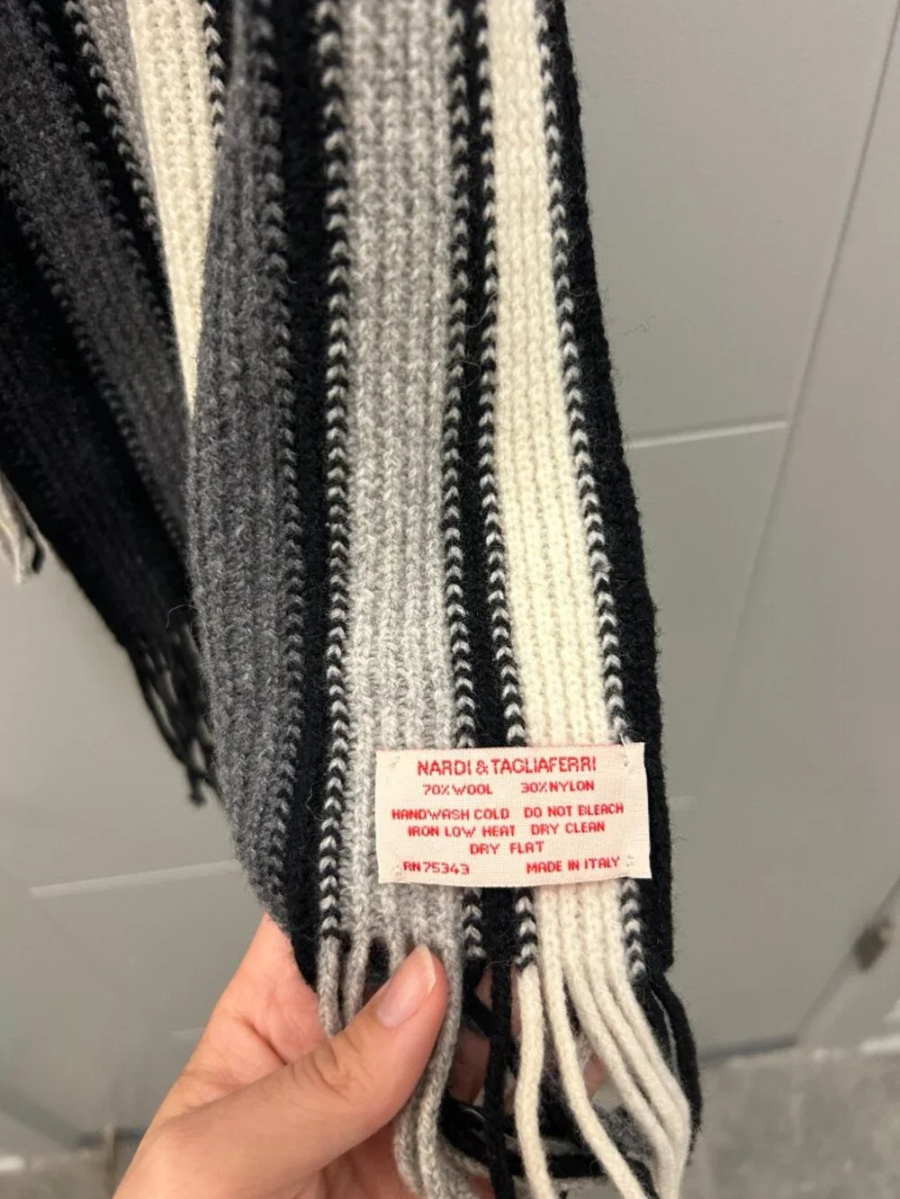 Nardi & Tagliaferri Wool Scarf Fringe Black Cream Striped Made in Italy 10